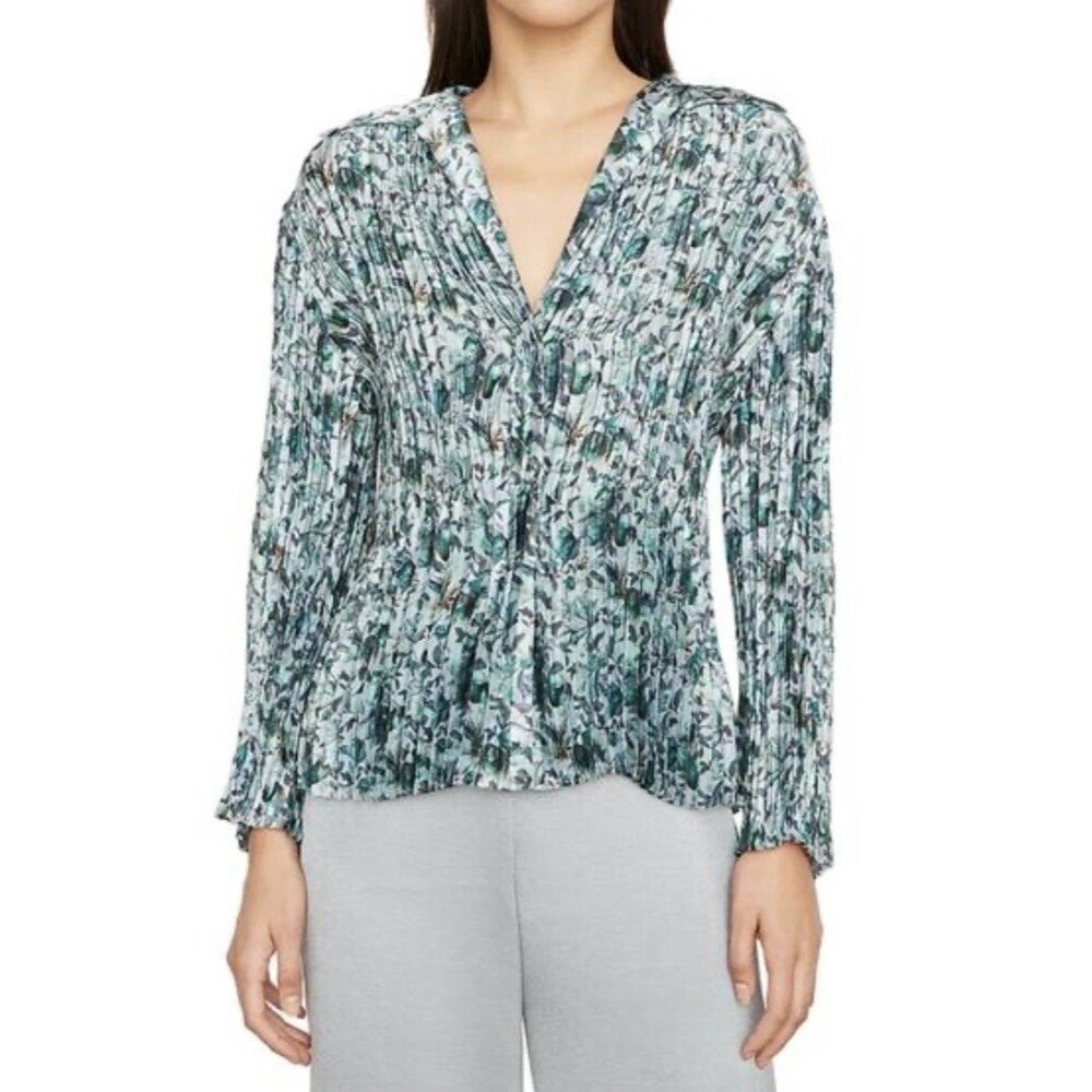 Vince Berry Blooms Pleated Floral Blouse Top Size XS Green Blue Long Sleeve